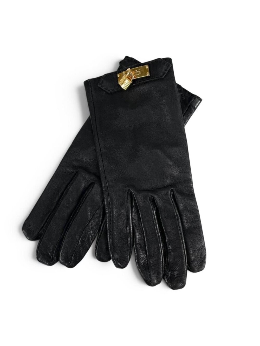 Hermes Soya Agneau Glace Lining Silk 100% Kelly Gold Gloves Black 7